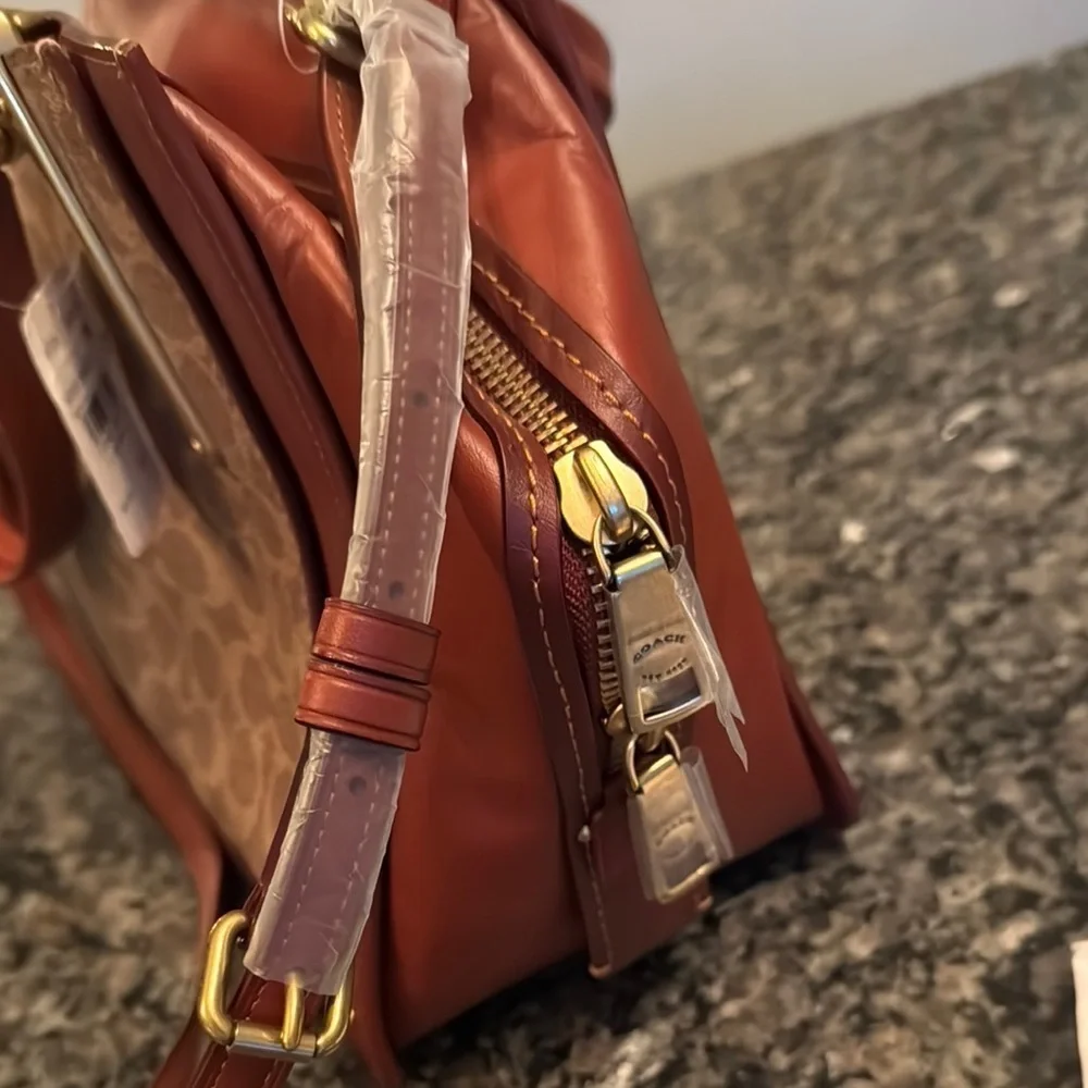 Coach Brown leather and Tan coated canvas Satchel with Structured Design NWT